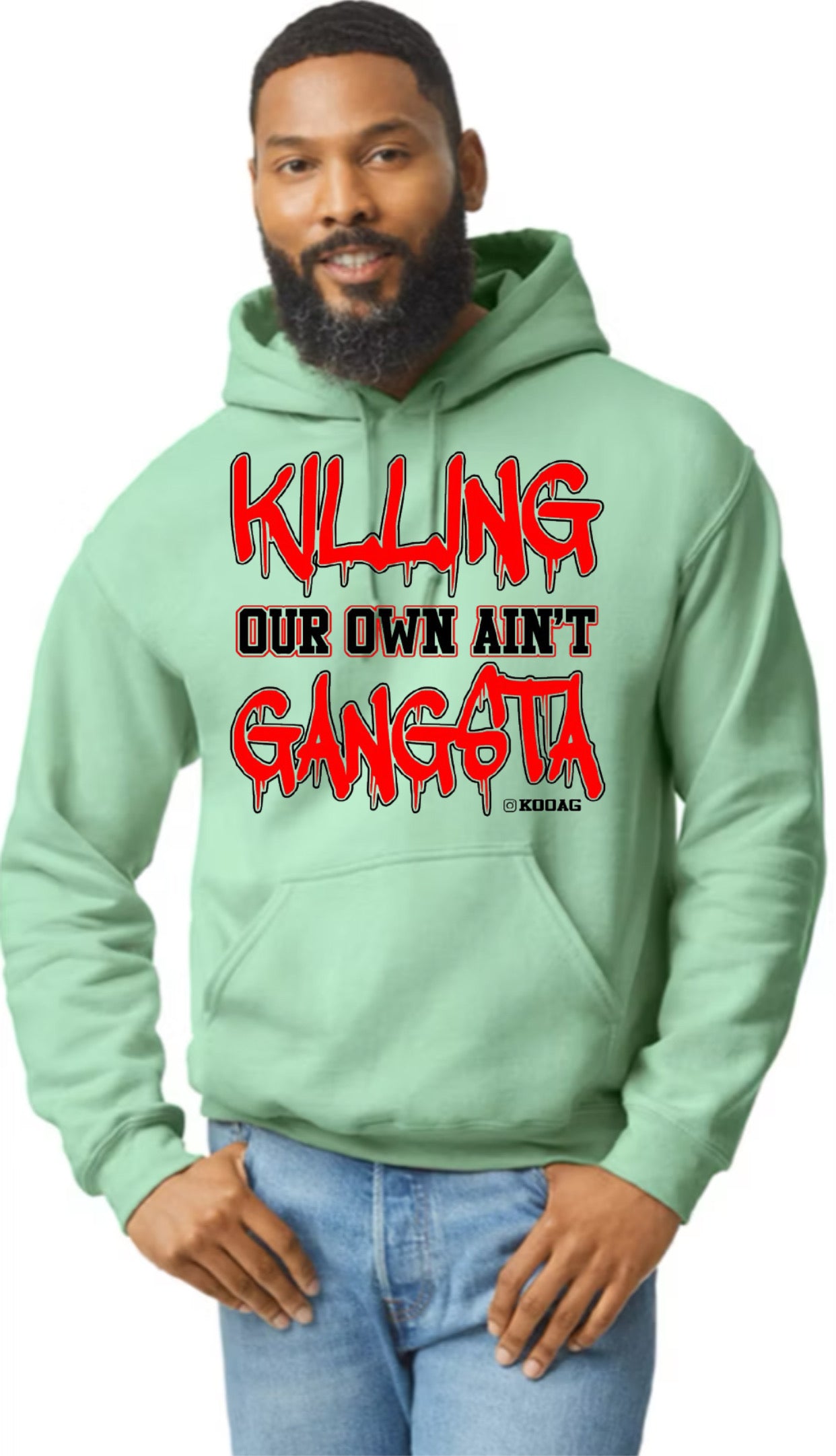 Mint Hoodie With Red And Black Lettering