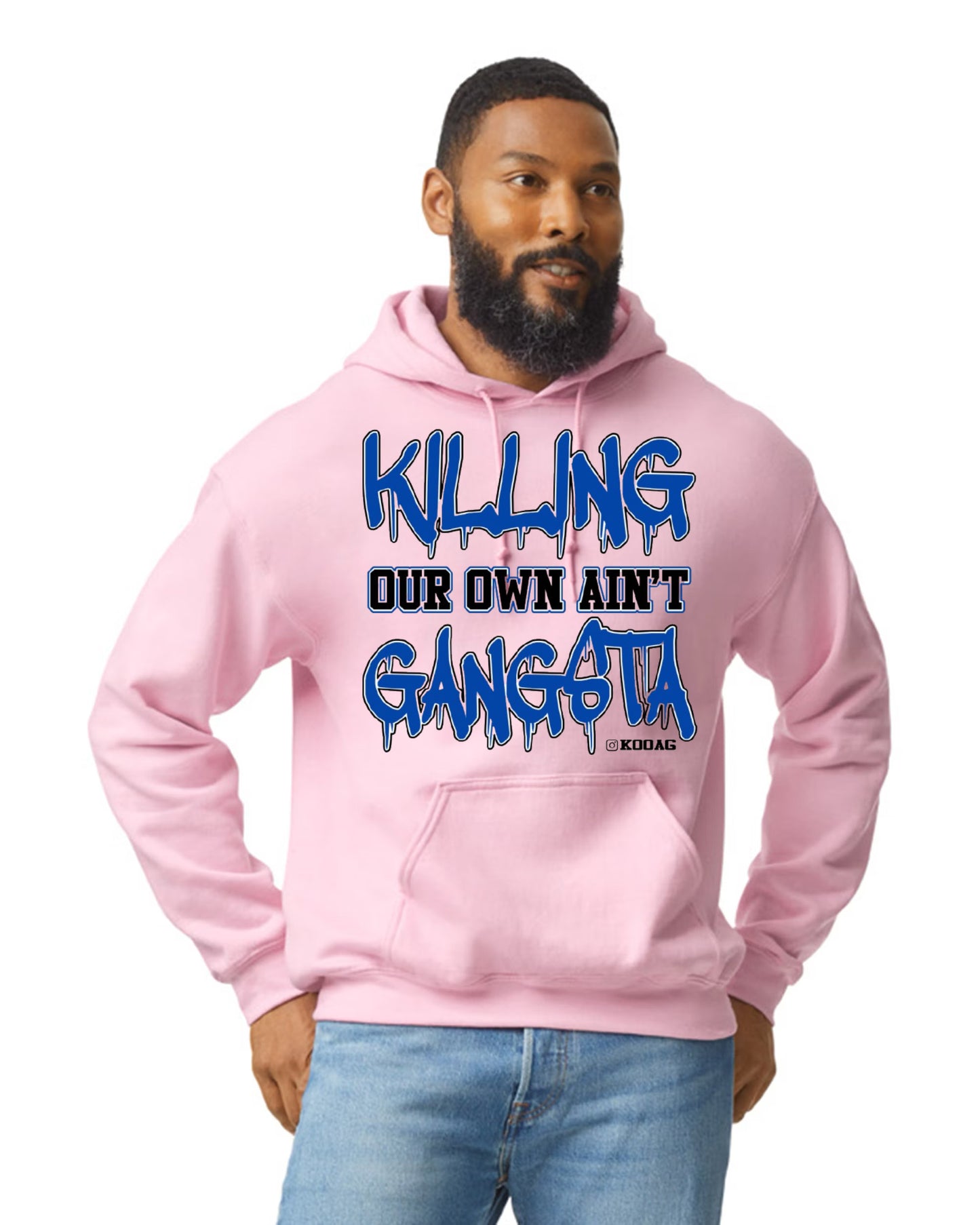 Pink Hoodie Blue Lettering