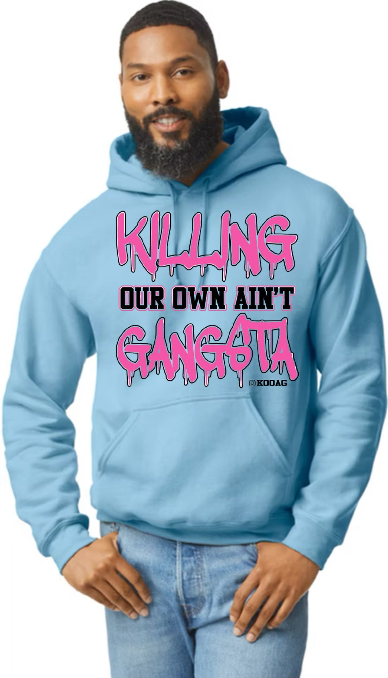 Light Blue Hoodie With Pink And Black Lettering