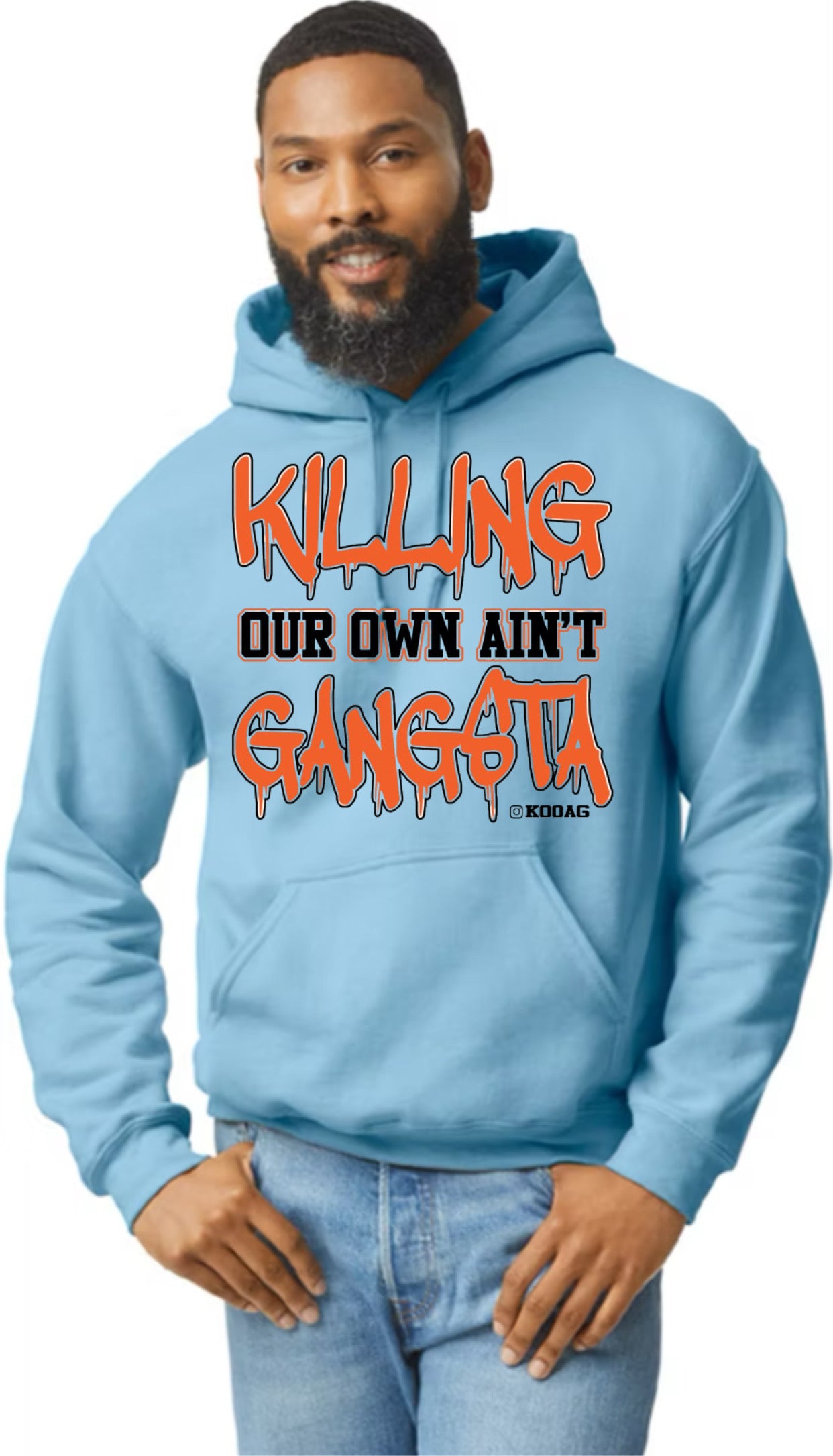 Light Blue Hoodie With Orange And Black Lettering
