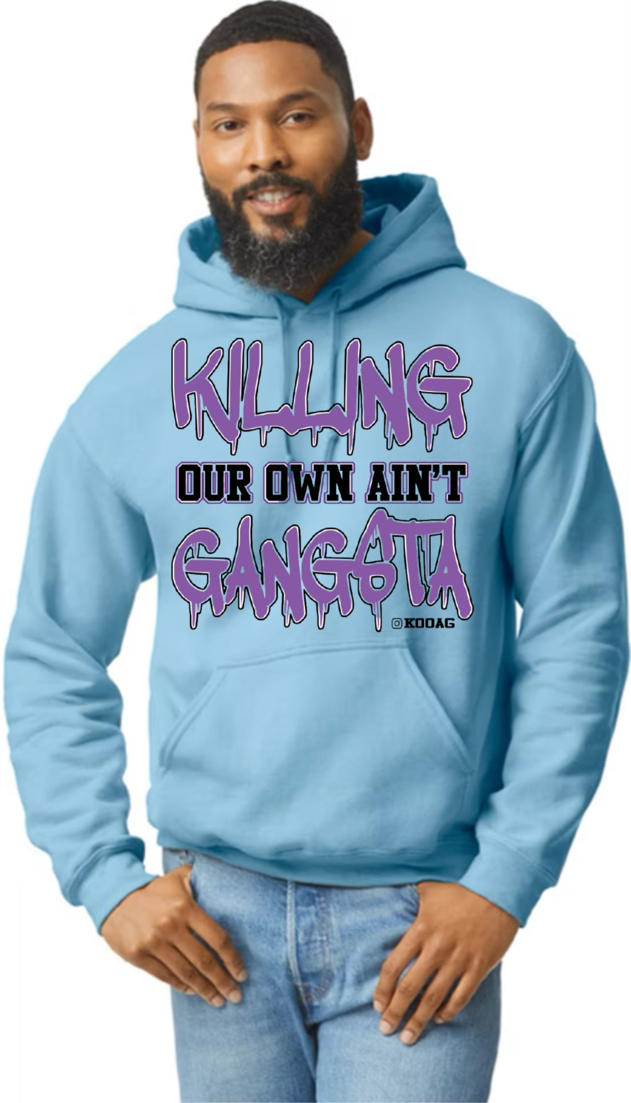 Light Blue Hoodie With Purple And Black Lettering