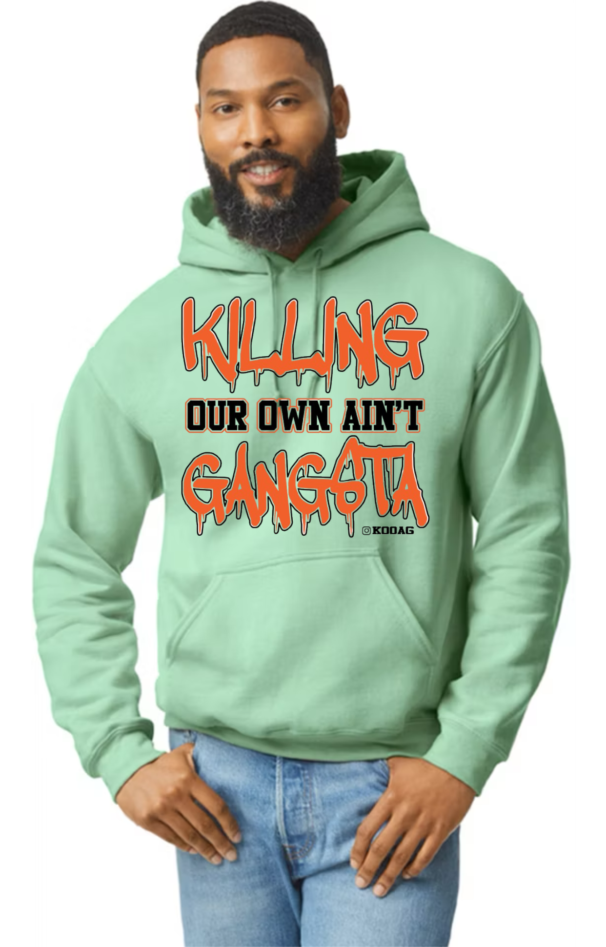 Mint Hoodie With Orange And Black Lettering