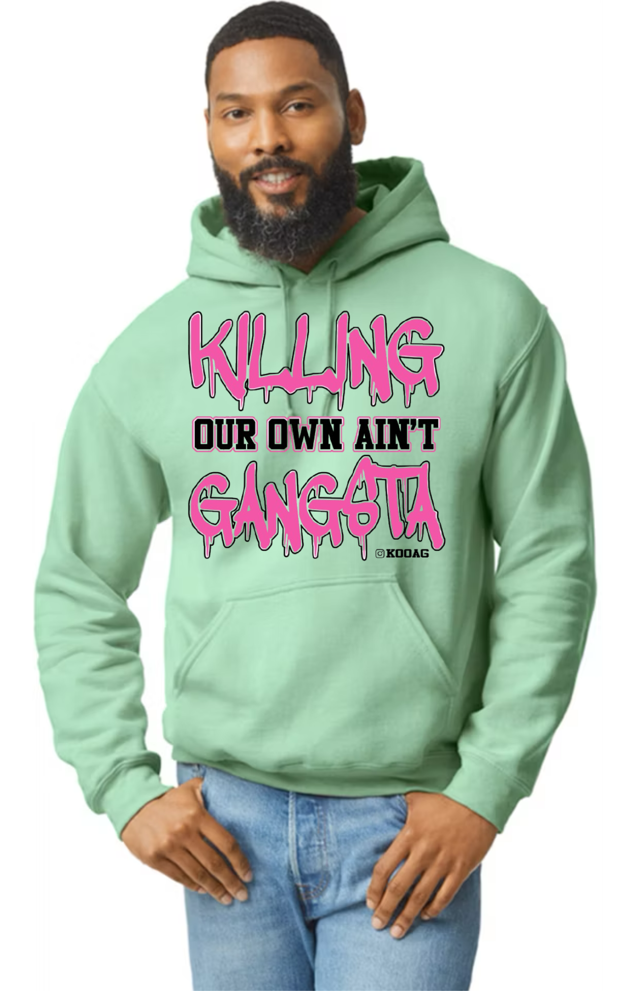 Mint Hoodie With Pink And Black Lettering