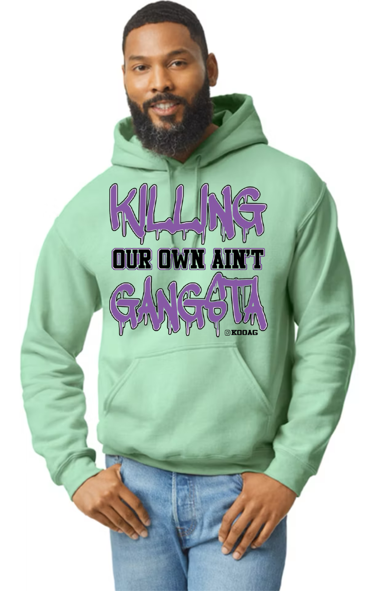 Mint Hoodie With Purple And Black Lettering