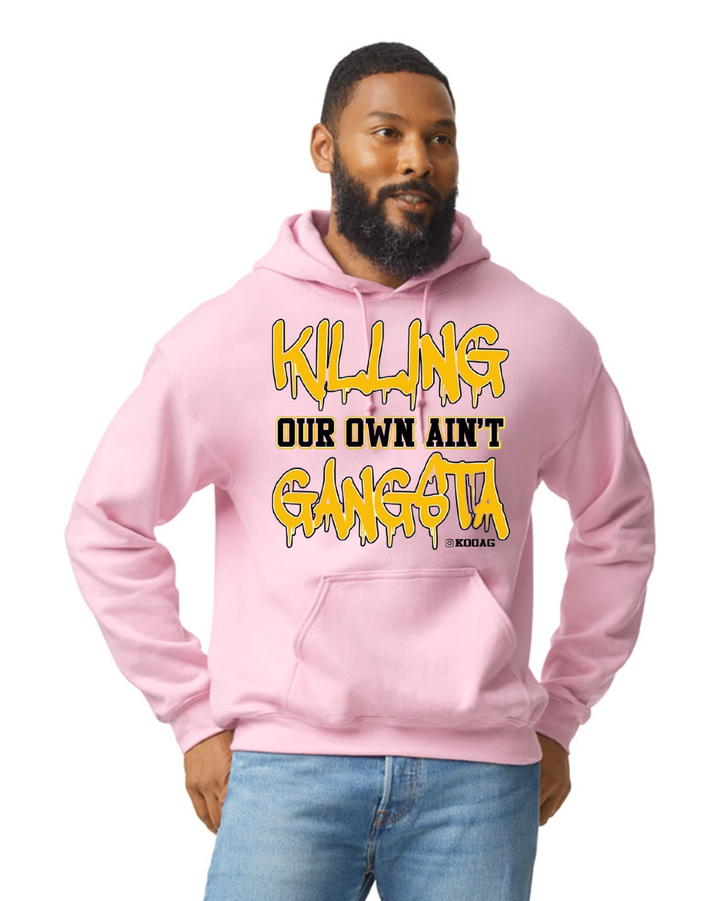 Pink Hoodie With Yellow And Black Lettering