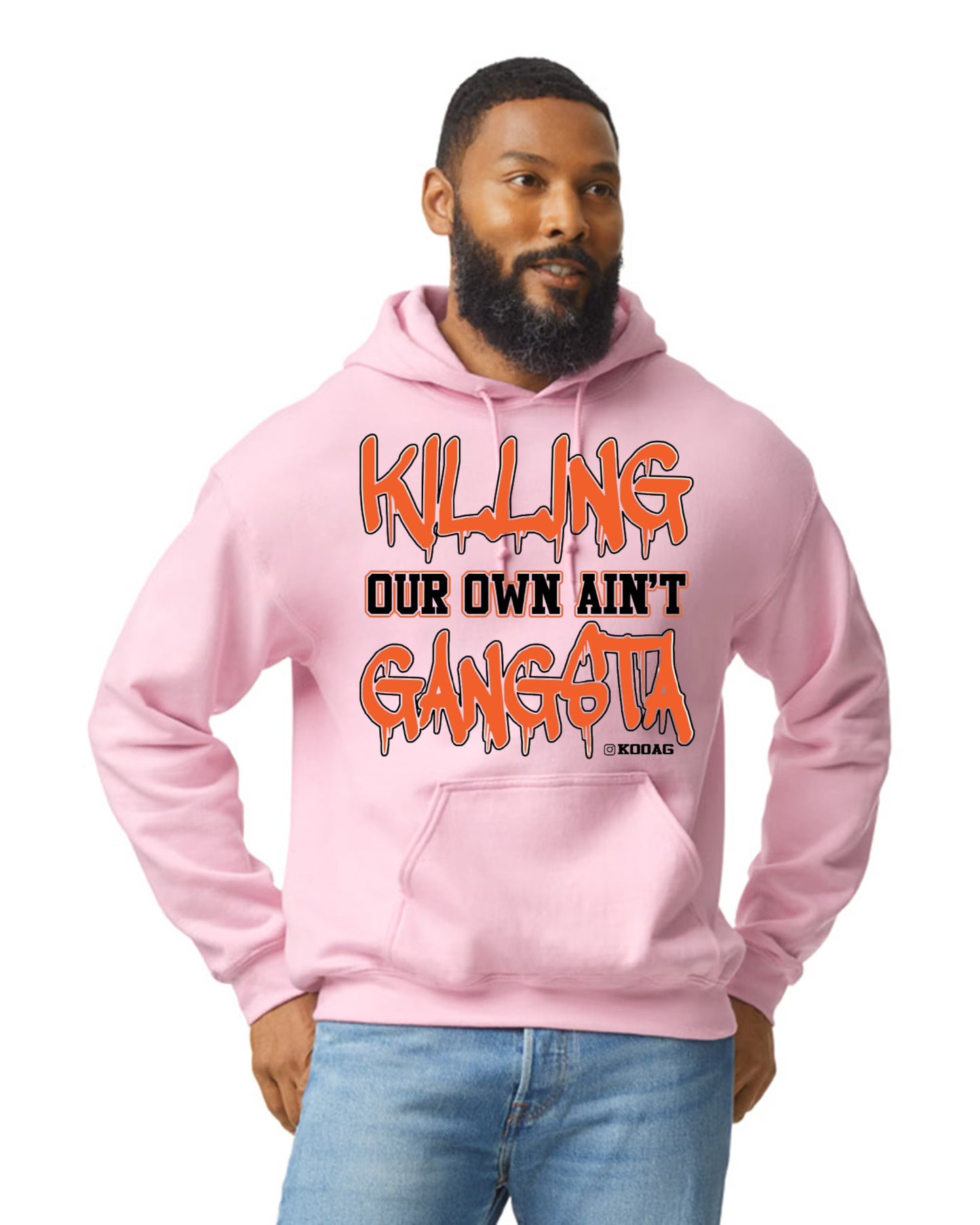 Pink Hoodie With Orange And Black Lettering