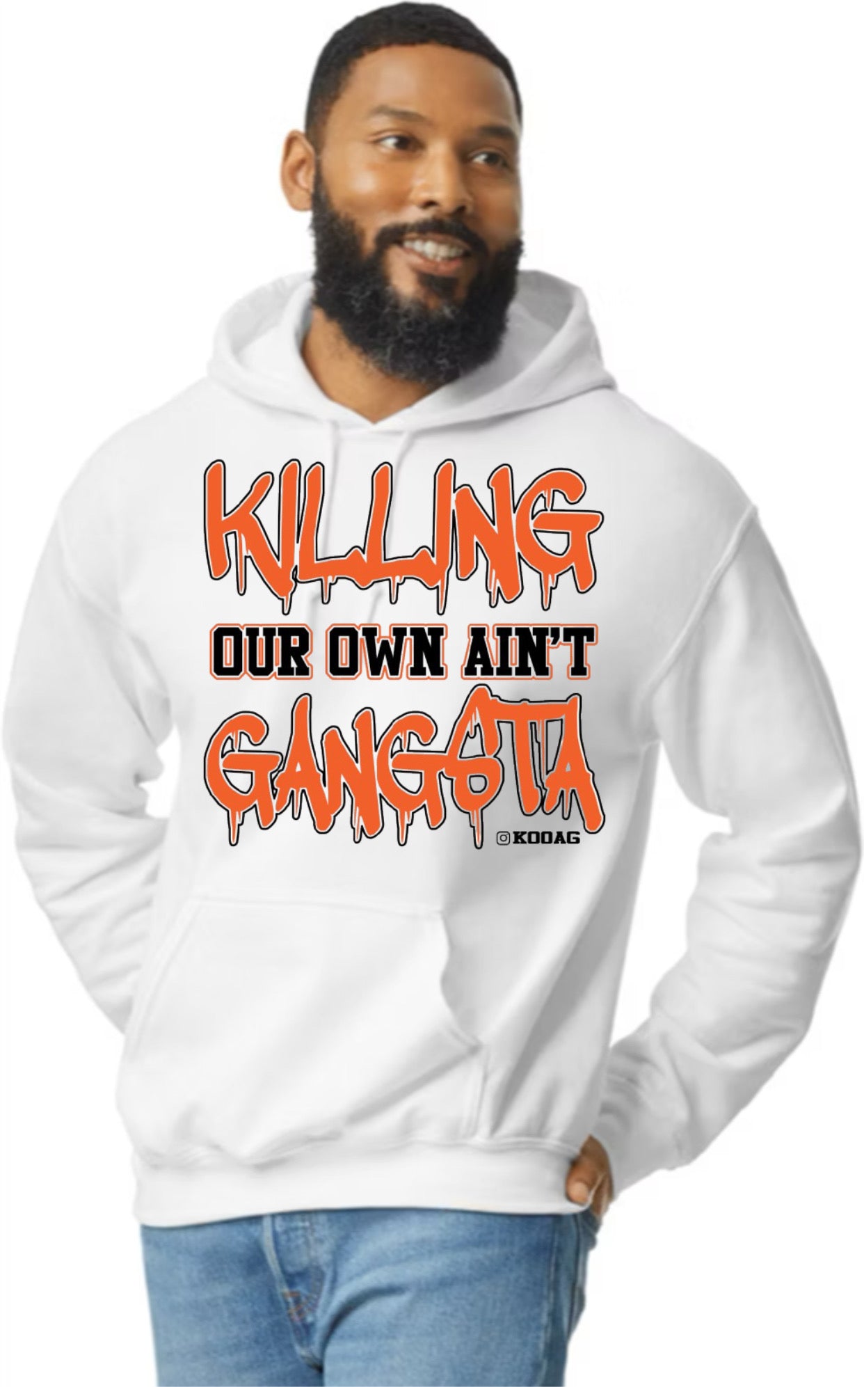 White Hoodie With Orange And Black Lettering