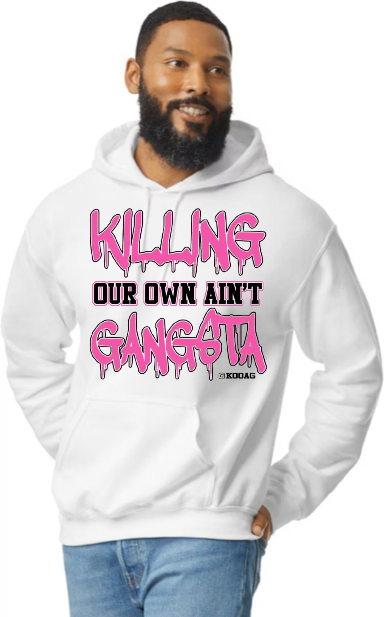White Hoodie With Pink And Black Lettering