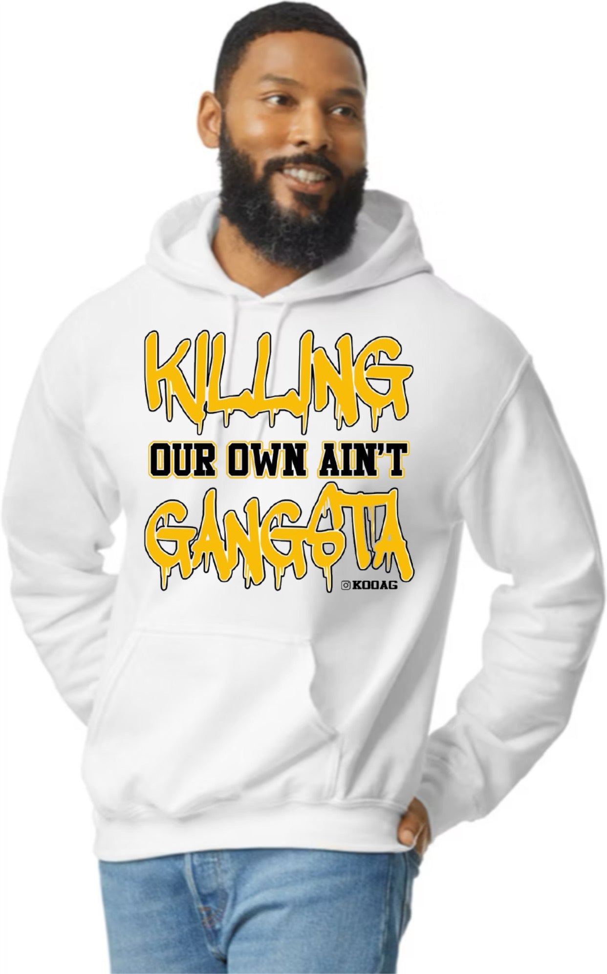 White Hoodie With Yellow And Black Lettering