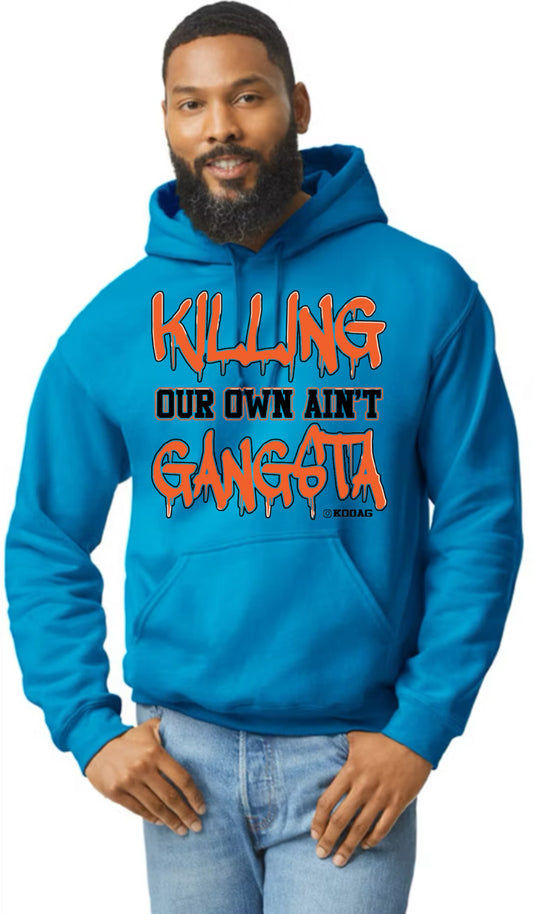 Sapphire Hoodie With Orange And Black Lettering