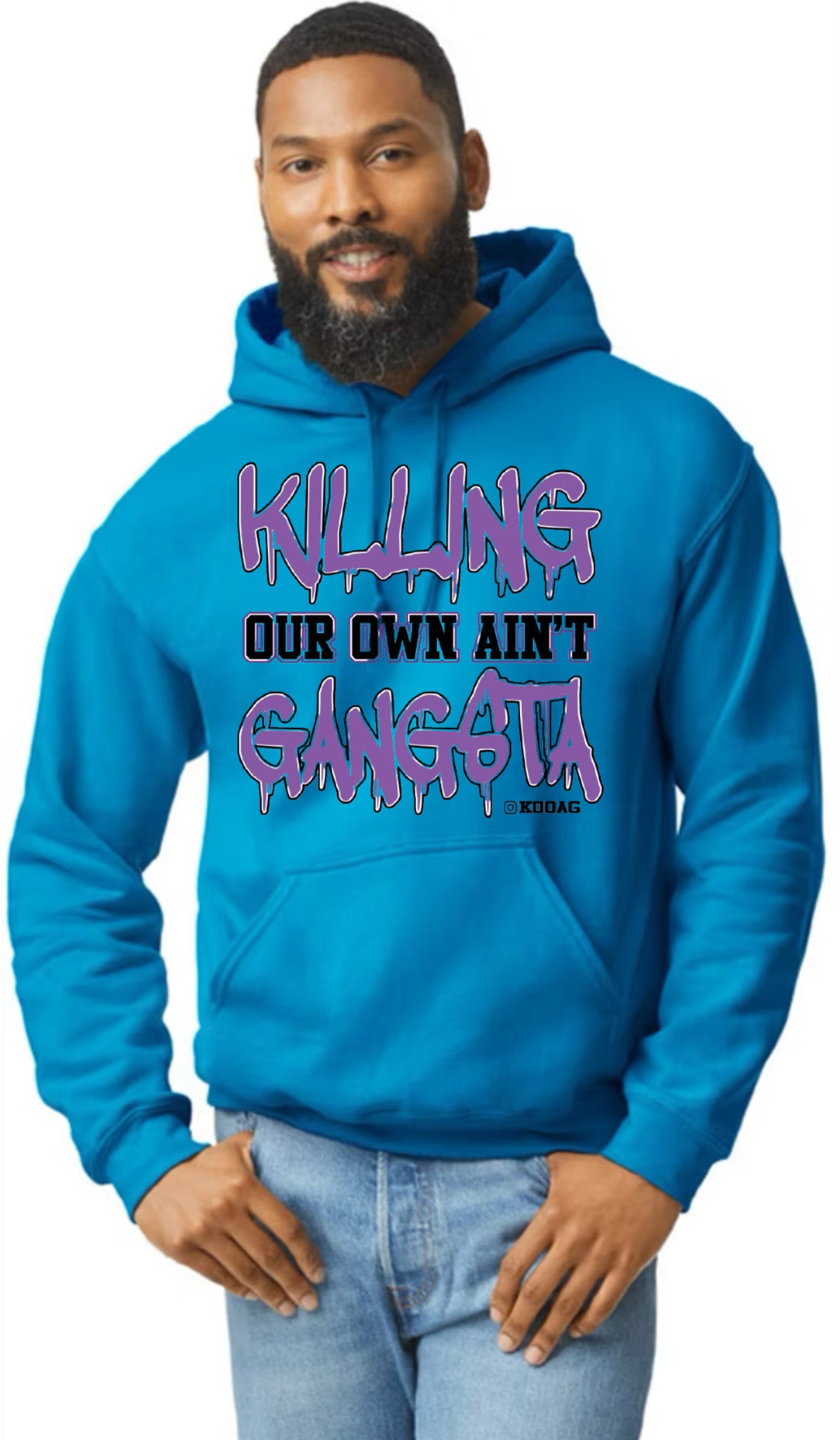 Sapphire Hoodie With Purple And Black Lettering