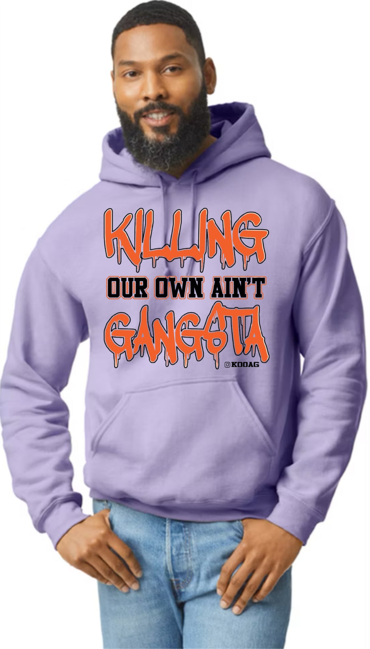 Orchid Hoodie With Orange And Black Lettering