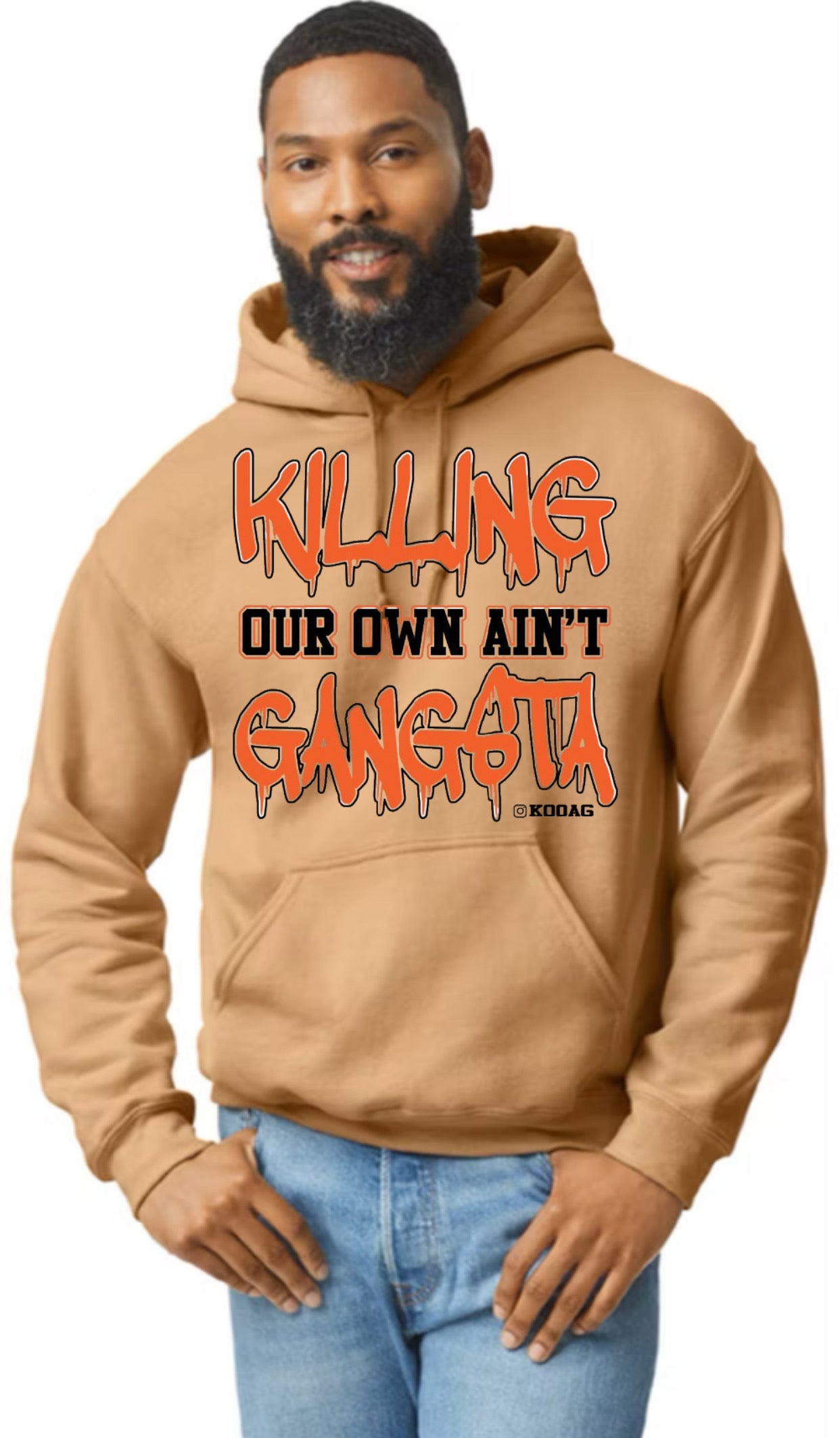 Old Gold Hoodie With Orange And Black Lettering