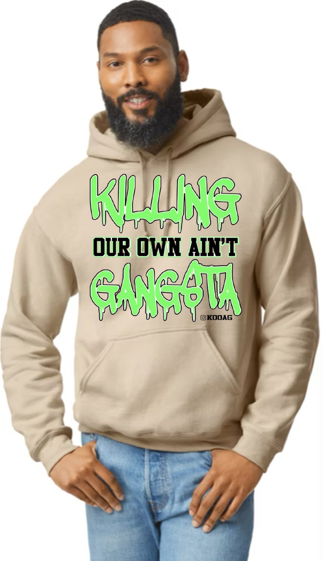Sand Hoodie With Lime Green And Black Lettering