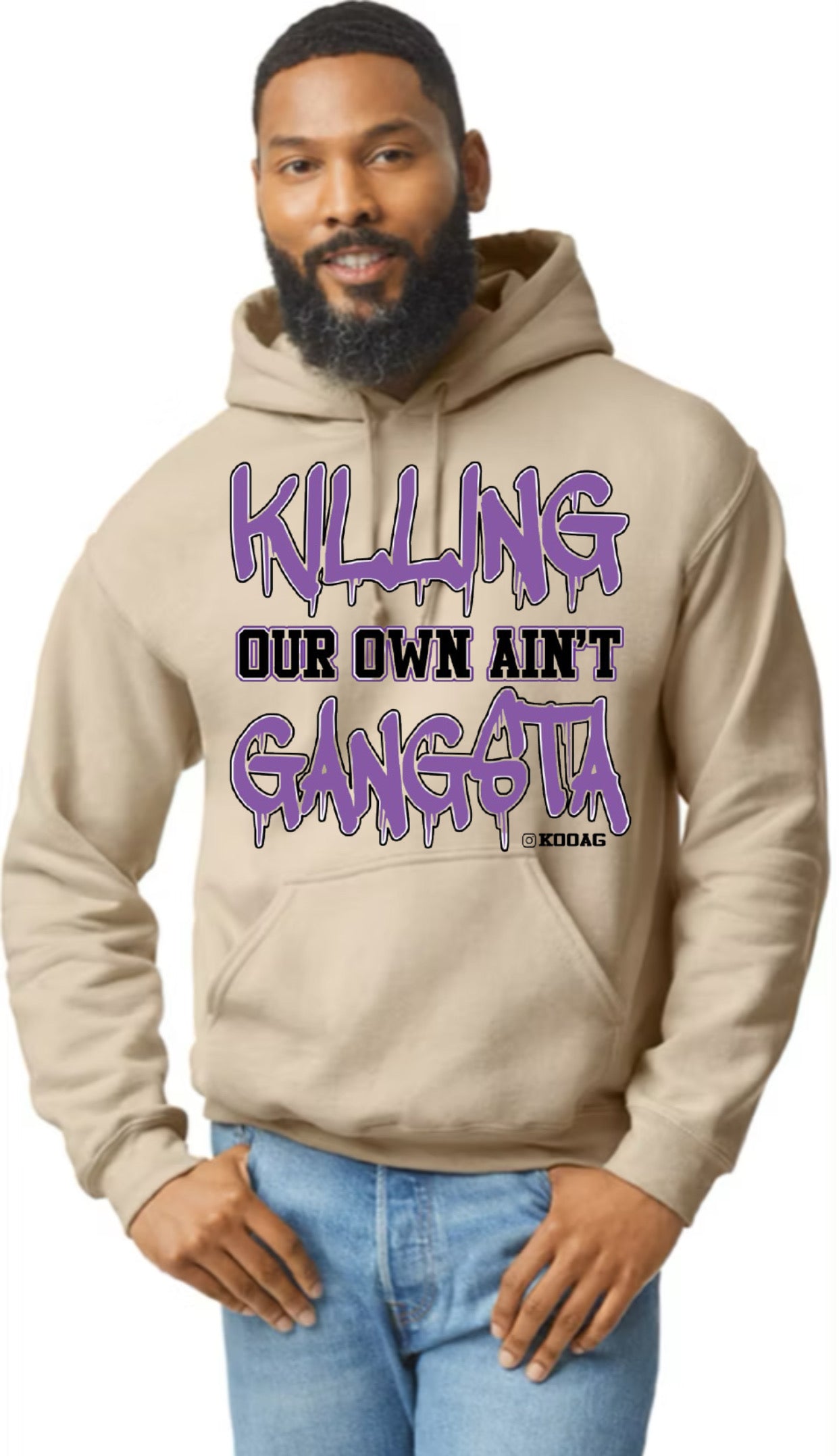 Sand Hoodie With Purple And Black Lettering
