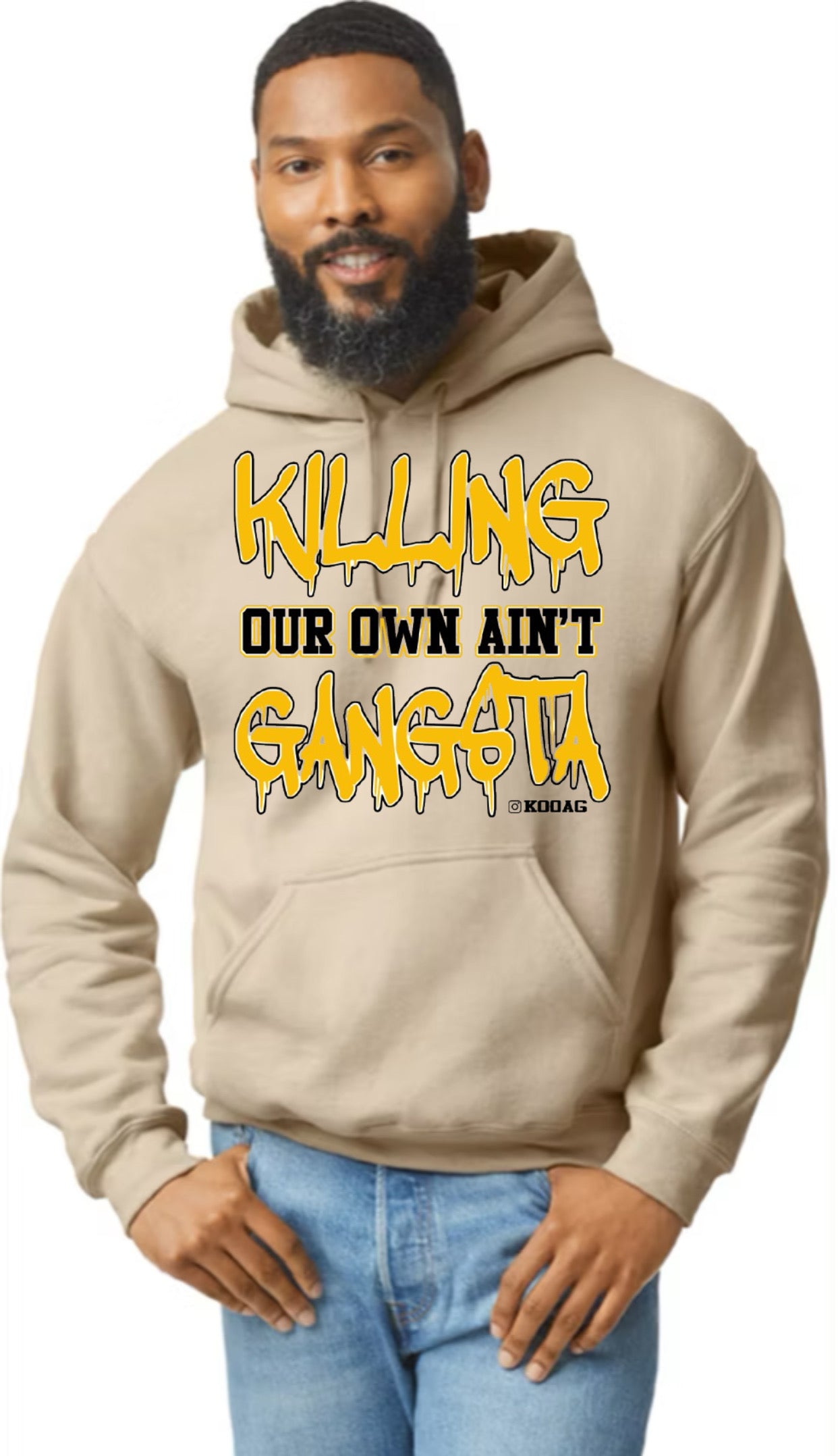 Sand Hoodie With Yellow And Black Lettering