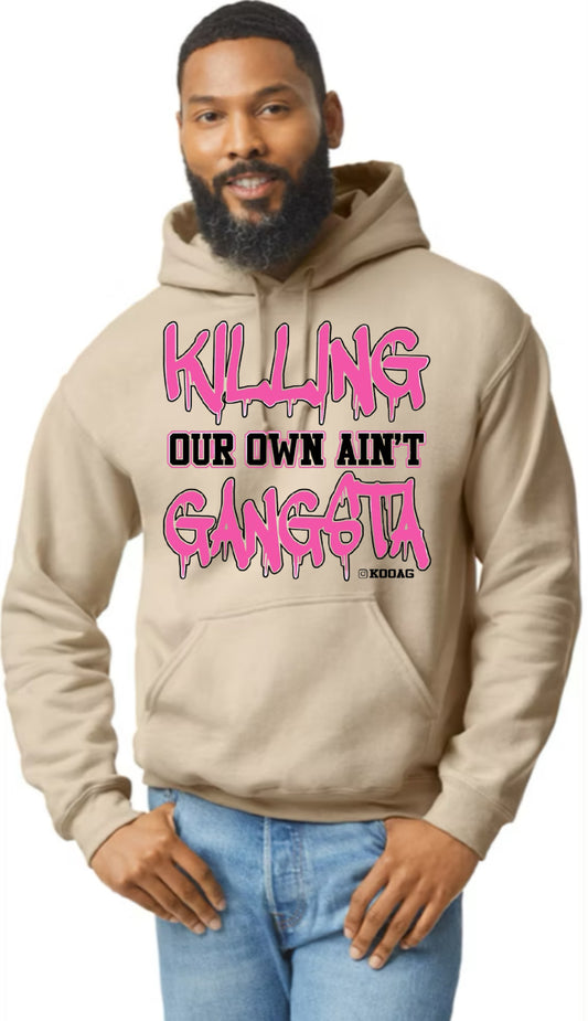 Sand Hoodie With Pink And Black Lettering