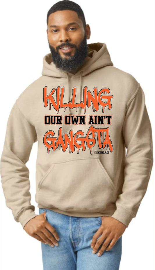 Sand Hoodie With Orange And Black Lettering