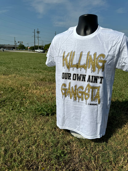 White Shirt Gold Letters