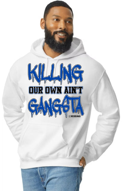 White Hoodie Blue Lettering