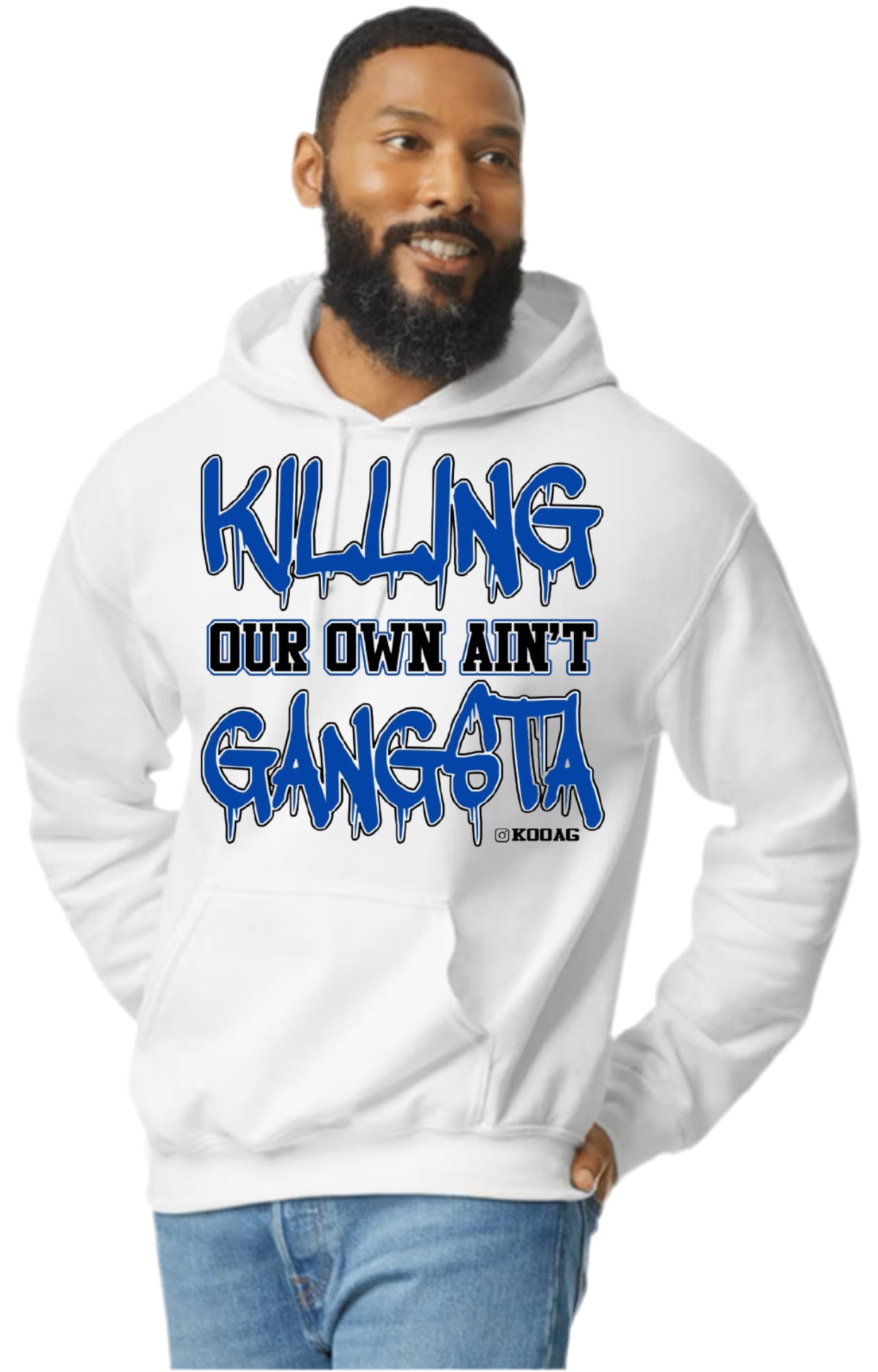 White Hoodie Blue Lettering