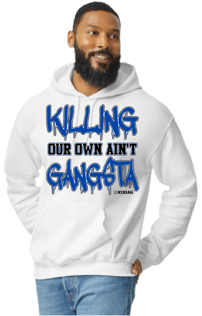 White Hoodie Blue Lettering
