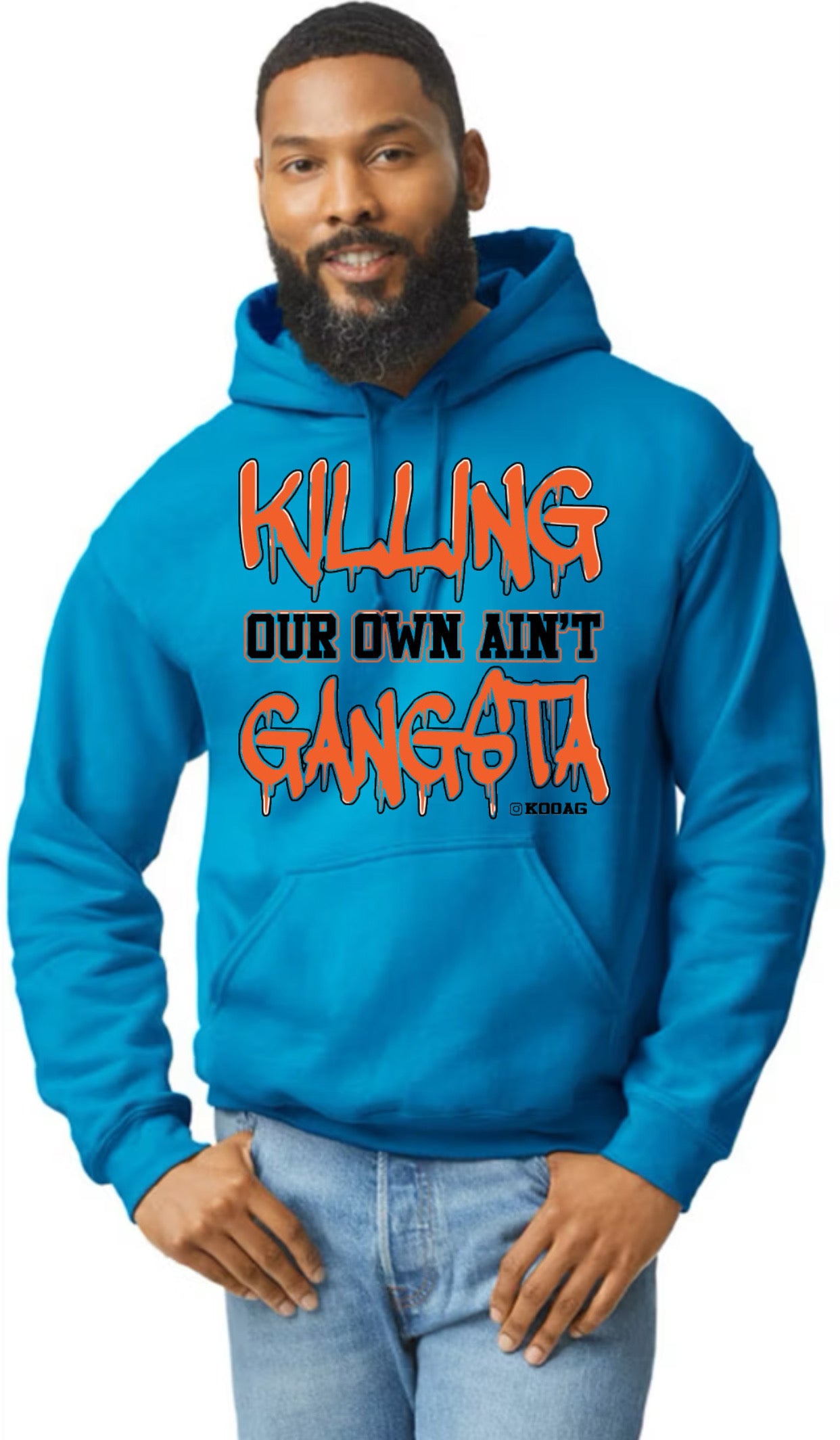 Sapphire Hoodie With Orange And Black Lettering