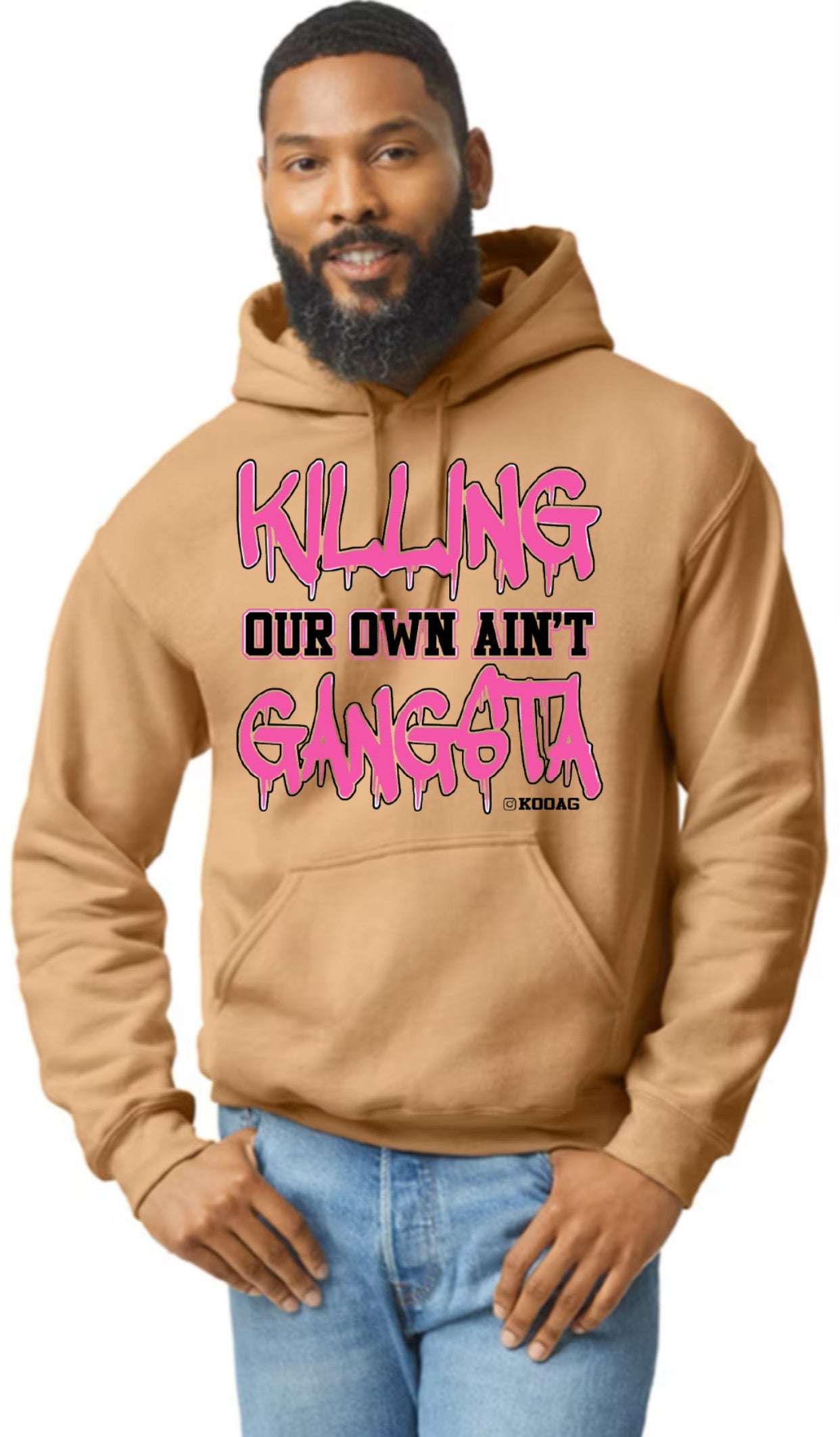 Old Gold Hoodie With Pink And Black Lettering